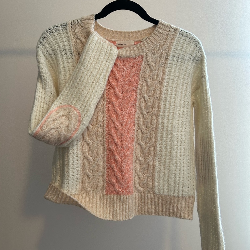 Anthropologie Ivory and Blush Sweater with Elbow Patches